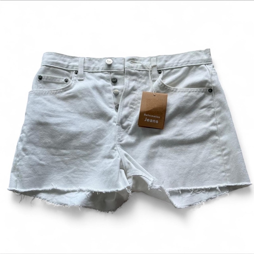 Reformation White Raw-Hem Denim Shorts